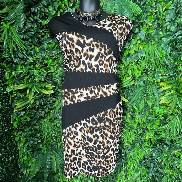 Women Dress Plus 3XL Black Leopard V Neck Sheath Stretch Fitted Spin 0976 - Picture 2 of 12